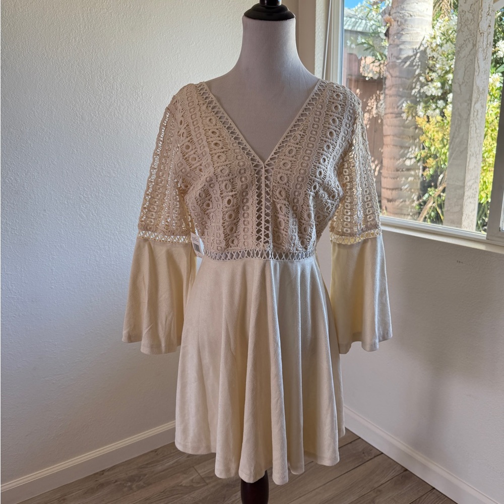 Cream Boho Lace Bell Sleeve Dress